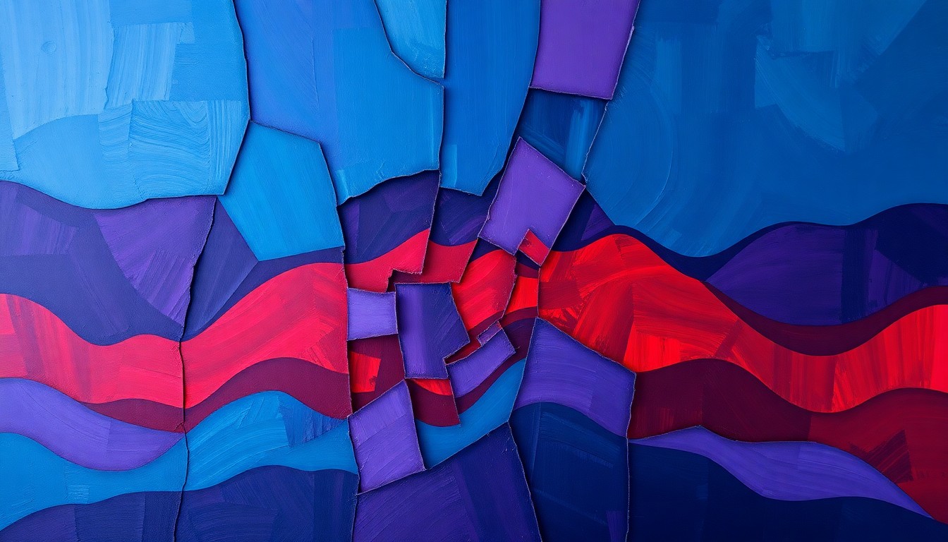 A highly textured, fragmented painting in shades of blue, purple, and red, depicting an abstract representation of a ballot box or voting booth, conveying a sense of uncertainty and division in the political process.