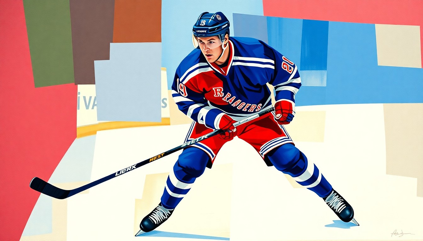 A fragmented, geometric painting depicting a hockey player in mid-motion, with sharp planes of blue, red, and white representing the New York Rangers' uniform colors. The abstract, cubist style conveys the intensity and leadership of the award-winning player.