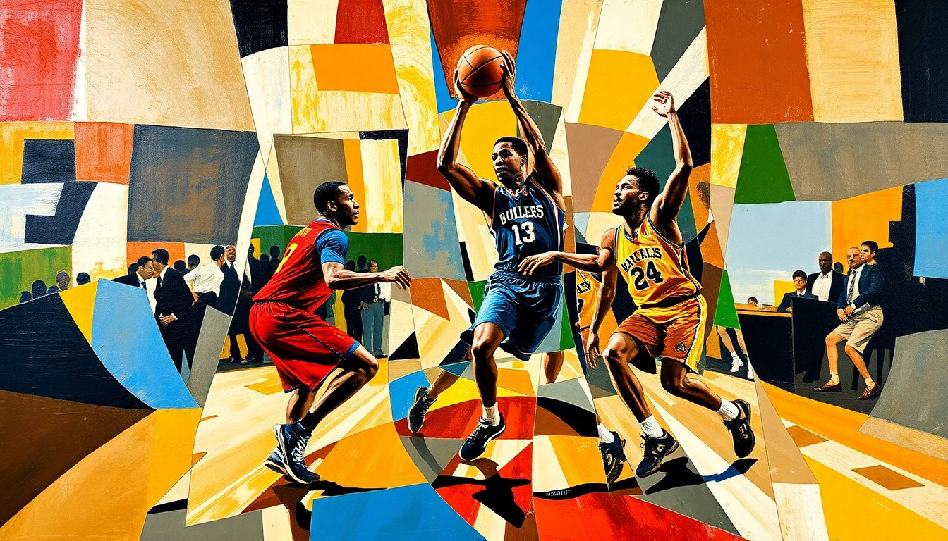 A cubist, geometric painting depicting the dynamic movements and energy of a basketball game, with the players' bodies and the ball broken down into abstract shapes and planes of color.