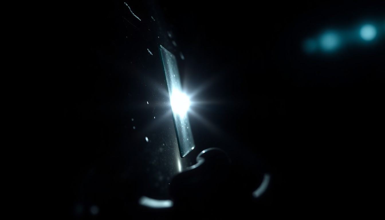 An extreme close-up photograph of shattered glass or a damaged car sensor, lit by a harsh flash against a dark background, conveying the sudden and gritty nature of the incident without depicting any actual violence or victims.