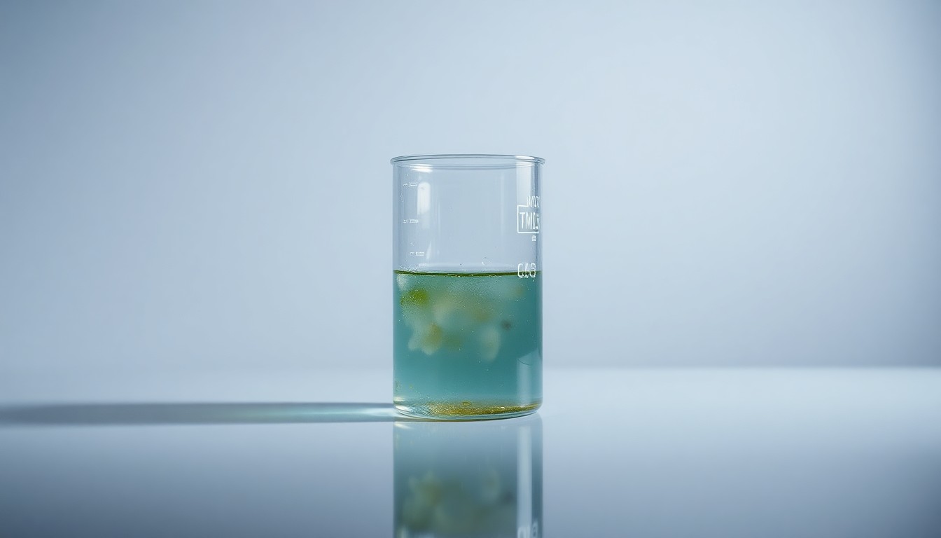 A photorealistic studio still life of a glass beaker filled with murky, discolored water, positioned on a reflective surface against a clean, monochromatic background, conveying the environmental damage caused by corporate activities.