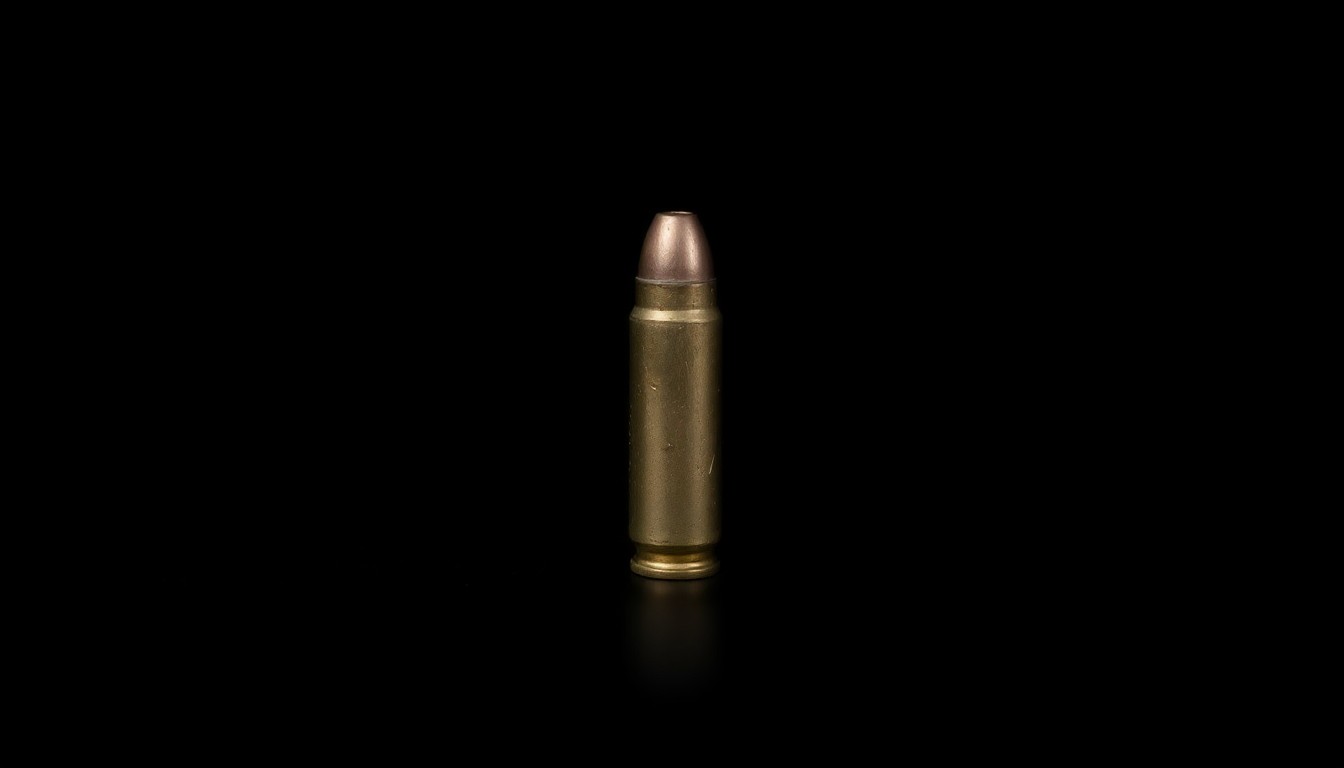 An extreme close-up photograph of a single bullet casing on a dark background, lit by a harsh, direct camera flash. The metallic texture and dramatic shadows create a stark, gritty, investigative aesthetic, conceptually representing the serious nature of this crime case.