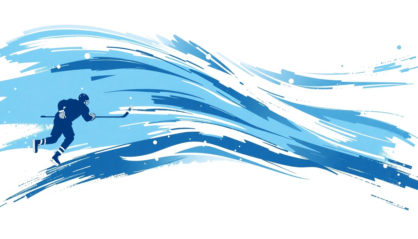 A dynamic, abstract painting in shades of blue and white, with bold, sweeping brushstrokes suggesting the fluid movement of hockey players between teams.