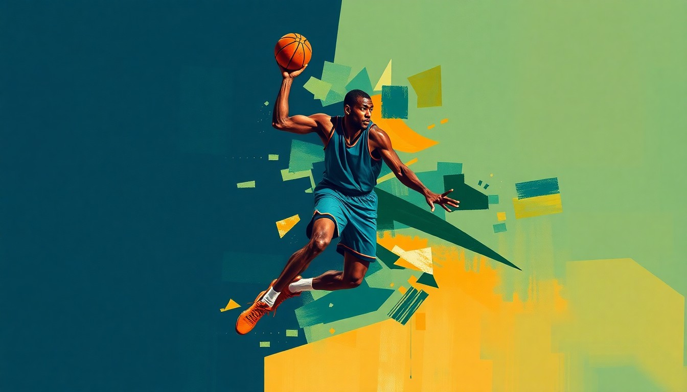 A cubist, geometric painting depicting the fragmented movements and actions of a basketball player, rendered in bold, contrasting colors that create a sense of dynamic energy and athleticism.