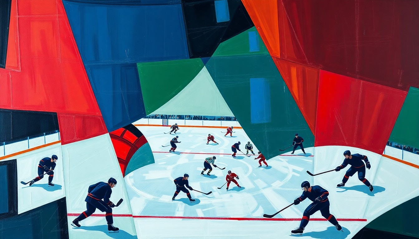 A cubist, geometric painting depicting the chaotic action of a hockey game, with players and the puck fragmented into sharp, overlapping shapes and planes of vibrant blue, green, and red colors.