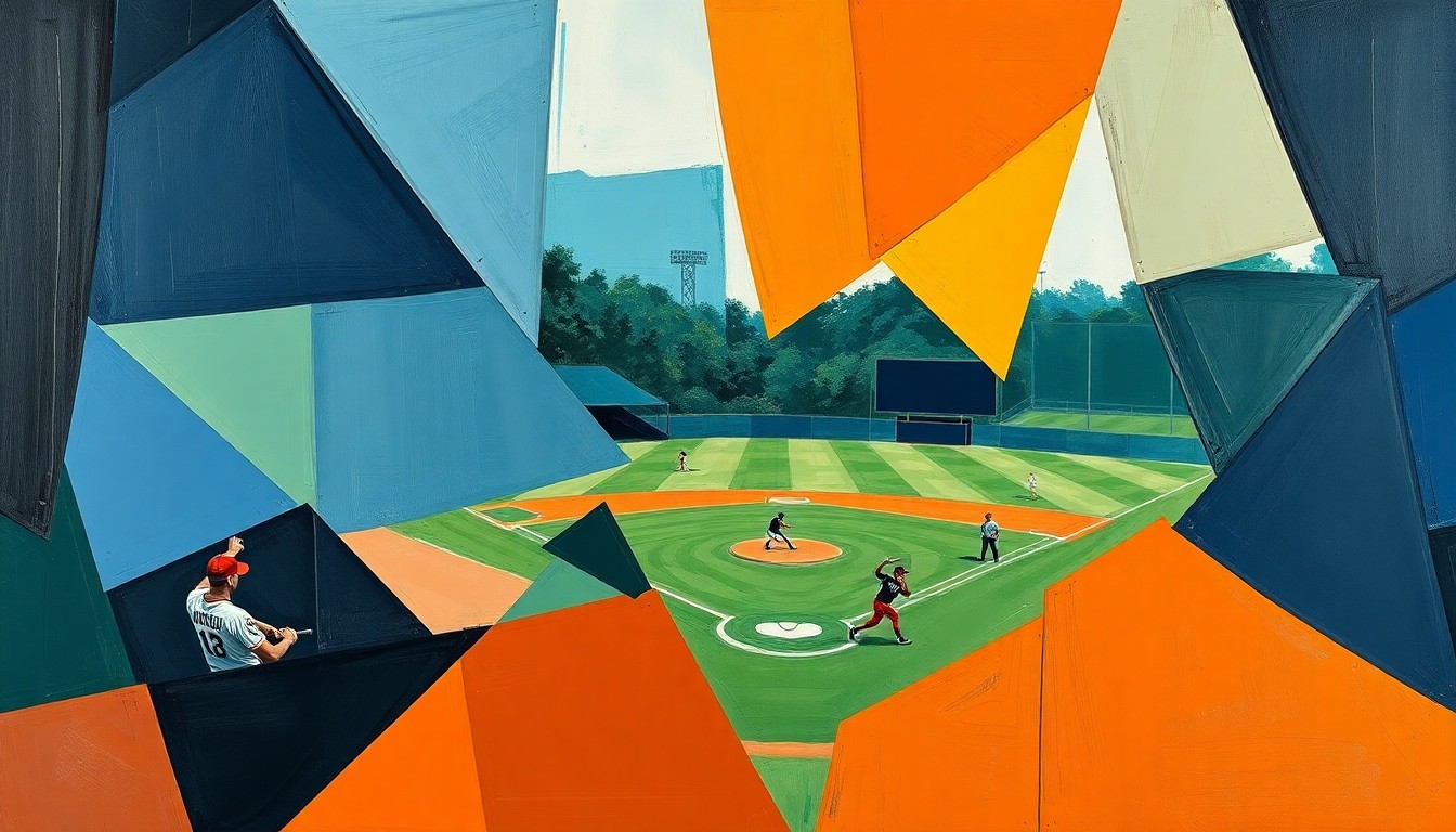 A cubist, geometric painting depicting a fragmented baseball scene, with sharp overlapping planes in navy, green, and orange, conceptually representing the multifaceted challenges of minor league coaching.