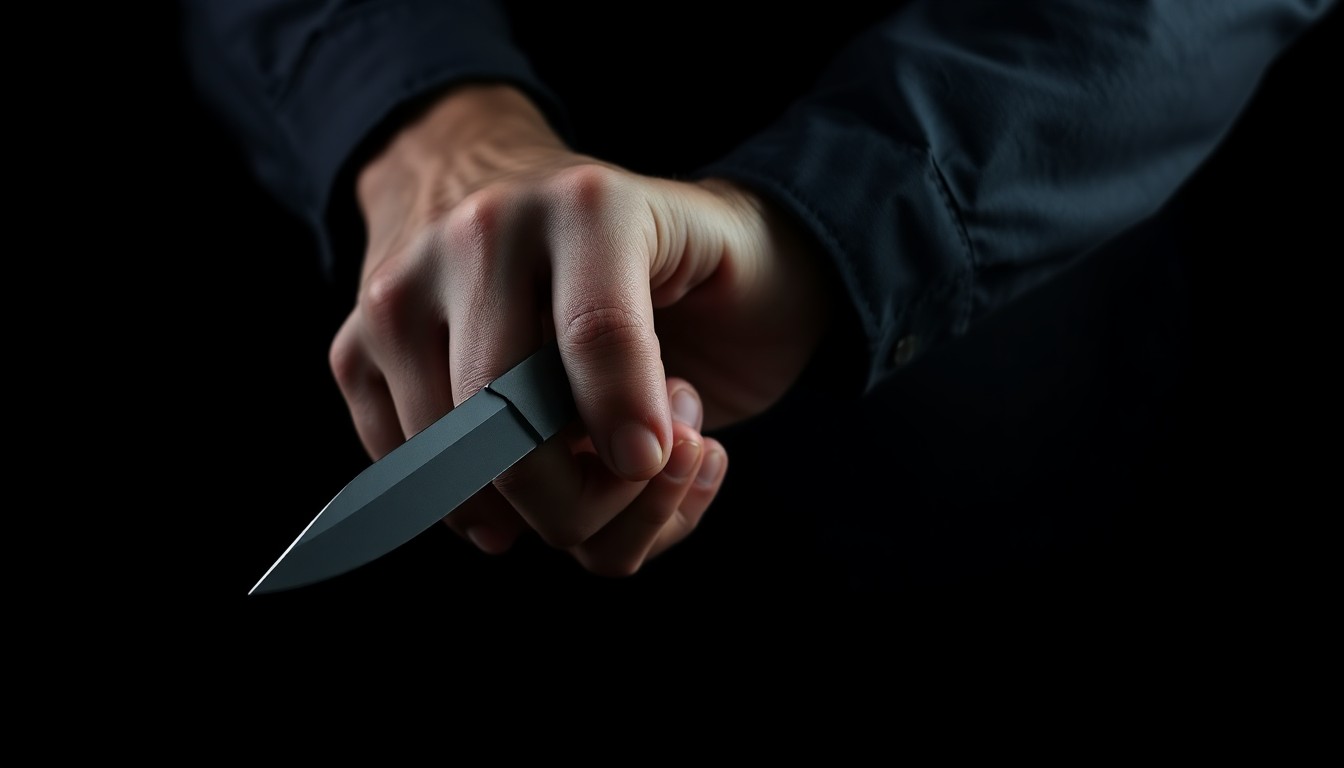 An extreme close-up photograph of a police officer's hand holding a folding knife against a pitch-black background, conveying the tense and dangerous nature of the confrontation between law enforcement and the armed suspect.