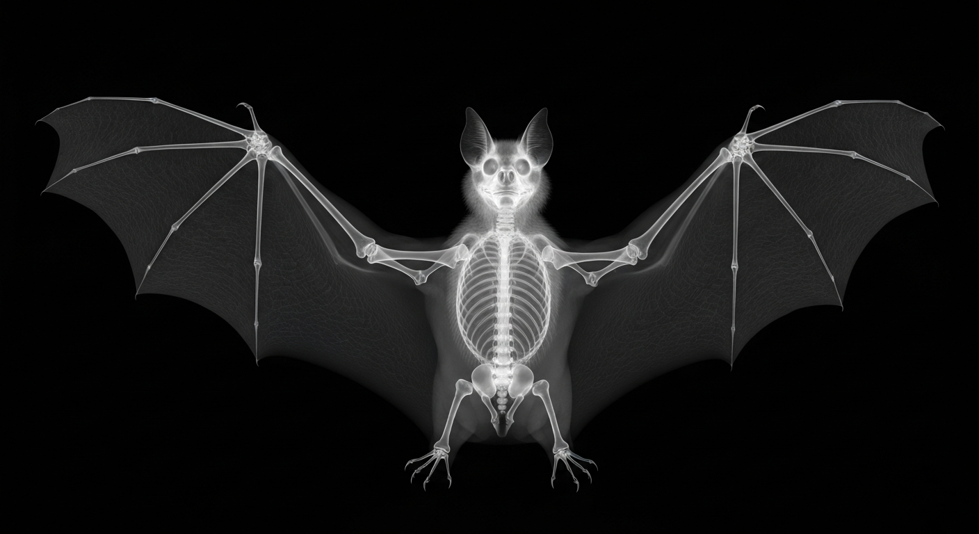 A ghostly, translucent X-ray photograph revealing the skeletal structure of a bat with outstretched wings, conceptually representing the hidden danger of the rabies virus.