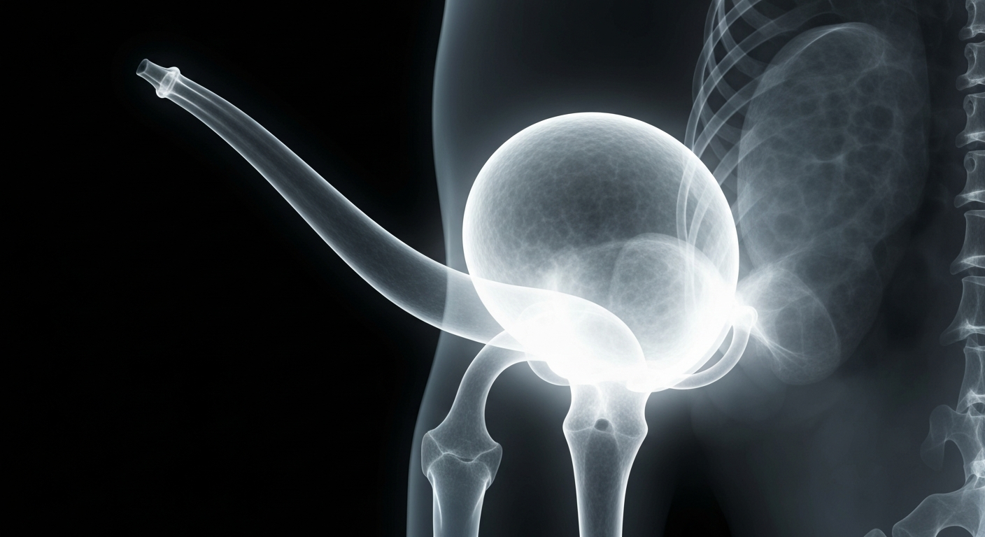 A translucent, ghostly X-ray-style image of a human bladder and urethra, with the internal structures appearing distorted, conceptually illustrating the allegations of unnecessary medical procedures at an Atlanta urology practice.