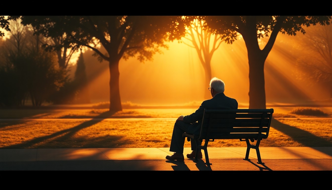 A serene oil painting depicting an elderly person sitting alone on a park bench, surrounded by warm sunlight and deep shadows, conveying a sense of solitude and the need for greater community support.