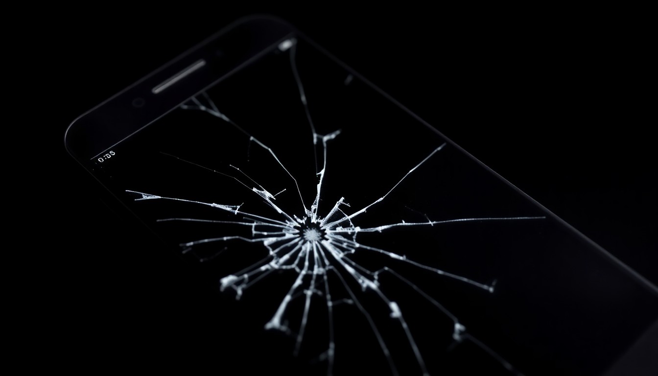 An extreme close-up photograph of a cracked and damaged smartphone screen, lit by a harsh, direct camera flash against a pitch-black background, conceptually representing the danger and damage caused by falling for a deceptive text scam.