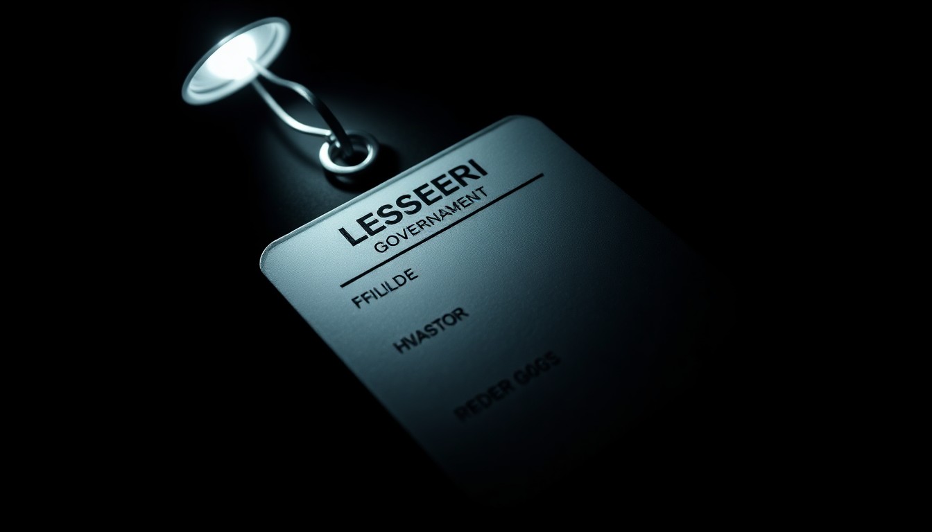 An extreme close-up photograph of a government ID badge or security pass, the details in stark contrast due to harsh, direct lighting against a black background, conceptually illustrating the confrontation between a public official and 'First Amendment auditors'.