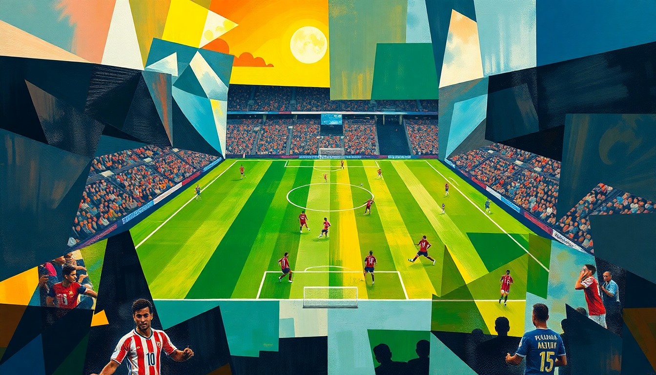 A cubist, geometric painting depicting the action of a soccer match between two teams, with the players and field broken down into overlapping planes of color and abstracted shapes.