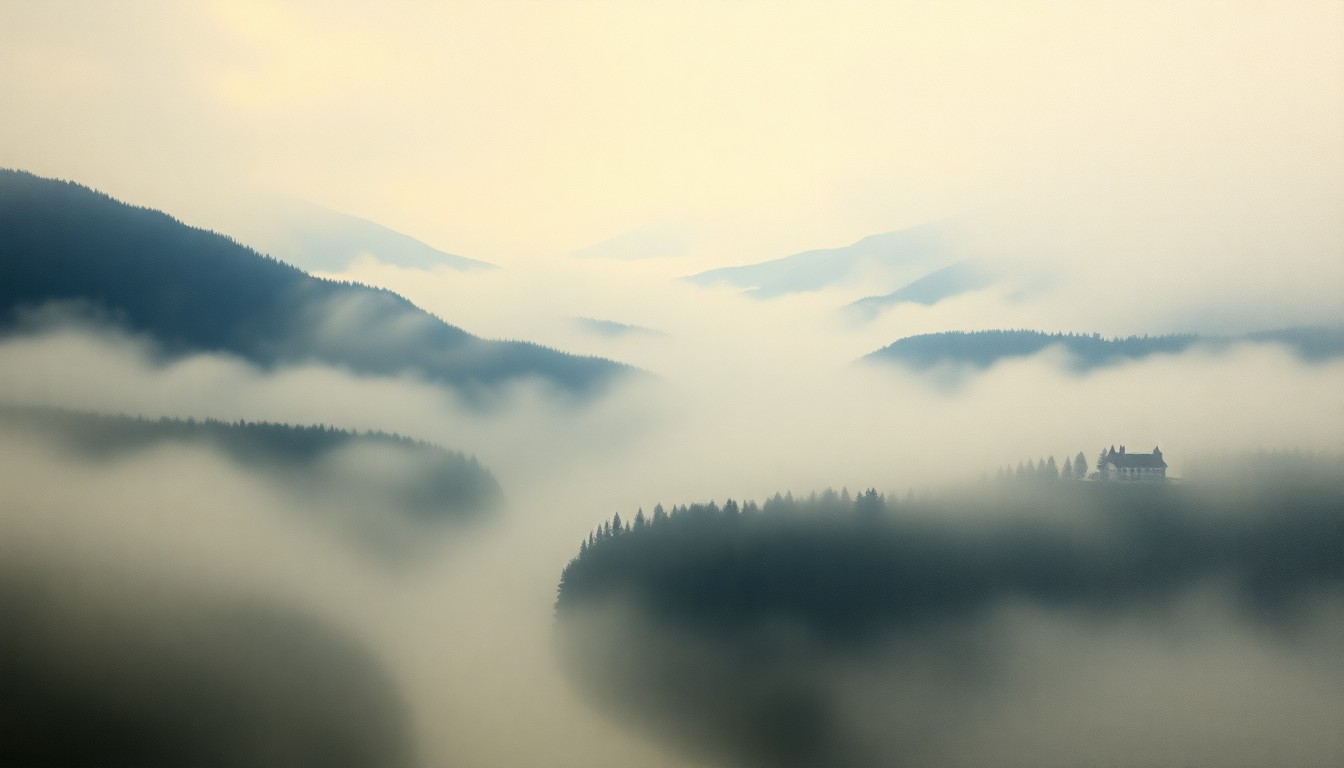A serene, atmospheric landscape painting depicting the Martins Fork River surrounded by dense fog, conveying the overwhelming scale and power of the natural world.