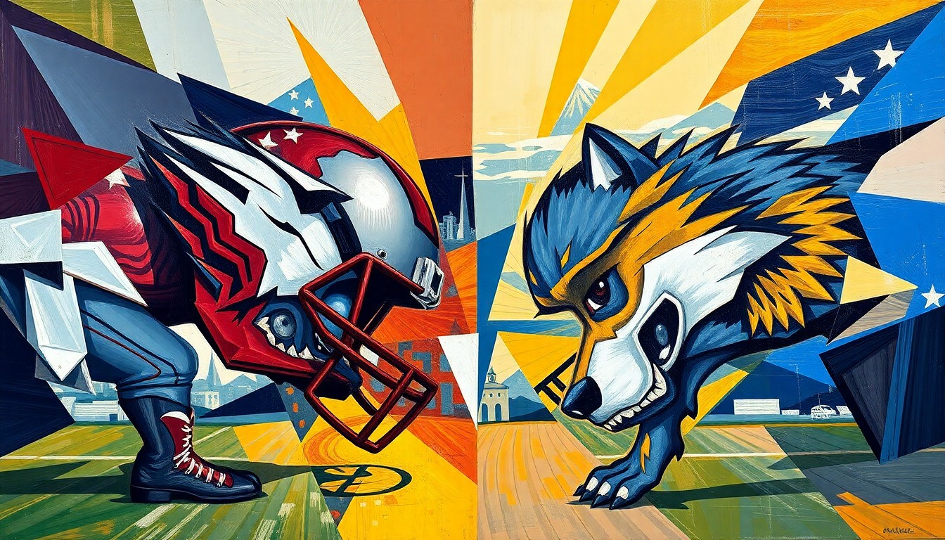 A fractured, cubist-style painting depicting the dynamic movements and energy of a football game, with sharp geometric planes in the Grizzlies' and Wolfpack's colors creating a sense of raw athletic power and competition.