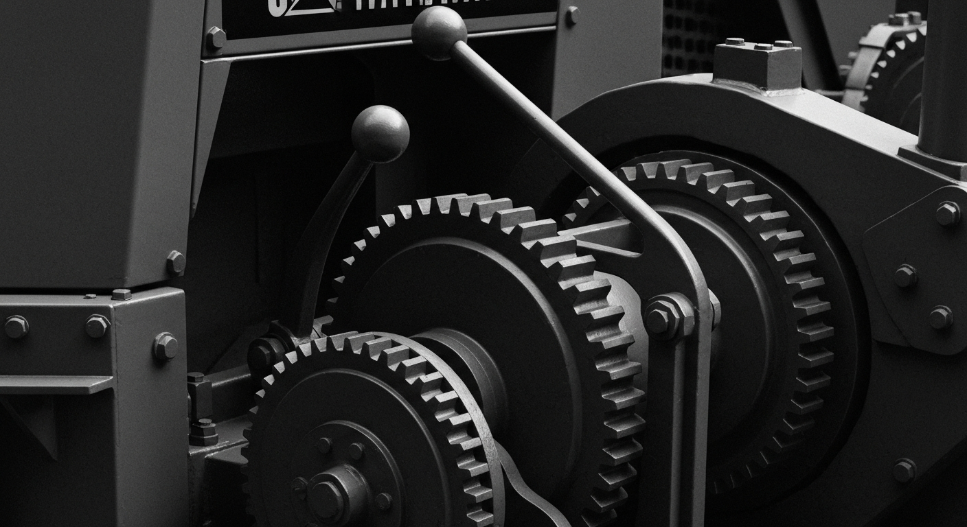 A dramatic, high-contrast black-and-white close-up of the gears, levers, and machinery of a Caterpillar construction vehicle, conveying the power and precision of the company's industrial products.