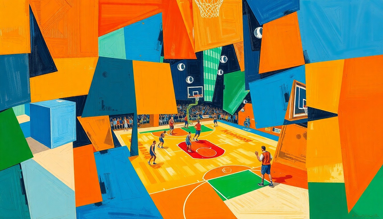 A fragmented, geometric painting in vibrant colors depicting a basketball game or match, with sharp, overlapping planes representing the new ownership group's ambitious plans for the franchise.