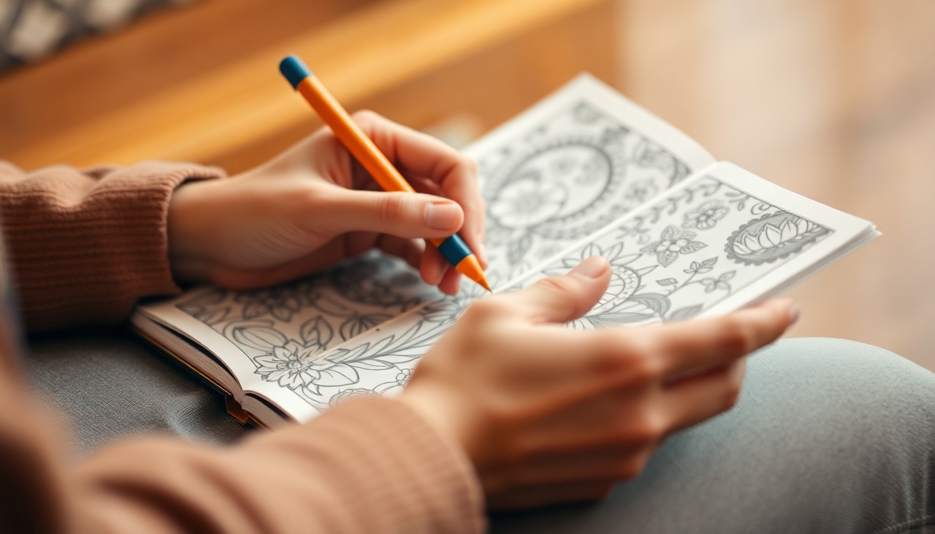 A softly blurred, intimate photograph of a person's hands holding an open adult coloring book, with the pages filled with abstract, organic patterns in warm, earthy tones, conveying the quiet, meditative nature of the recovery process.