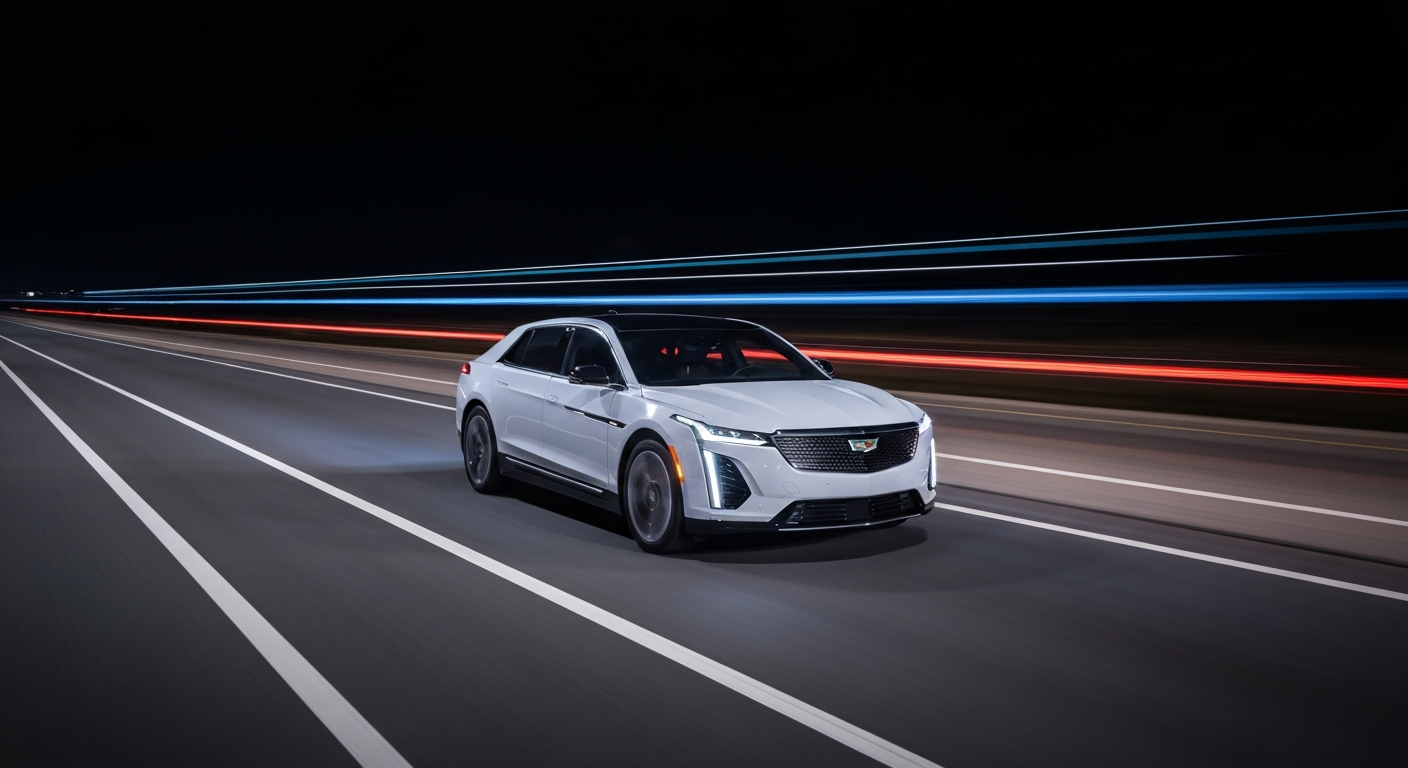 An abstract, colorful image of a Cadillac electric vehicle in motion, with the car's body and lights blurred into sweeping brushstrokes of light, conveying a sense of speed and modern engineering.