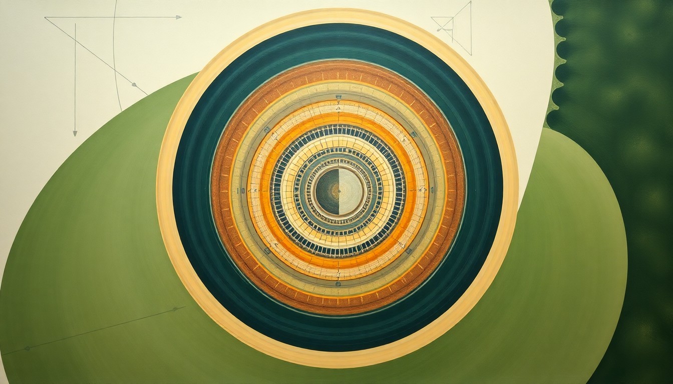 A highly textured, abstract painting in soft earth tones of green, brown, and blue, featuring sweeping geometric arcs, concentric circles, and precise botanical spirals, conceptually representing the scientific principles and natural cycles behind the innovative DURTEQ™ Mycorefinery technology.