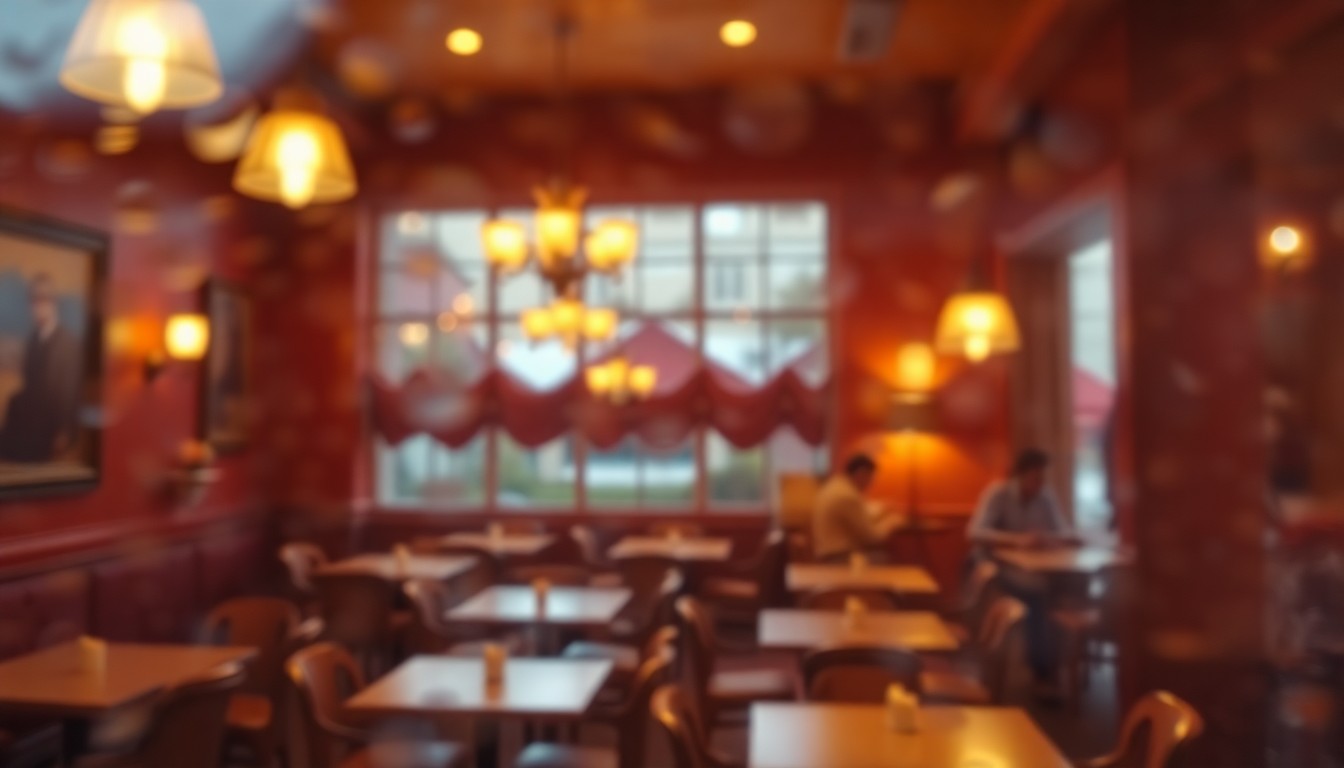 An abstract, impressionistic scene of a dimly lit restaurant interior, with blurred shapes and muted colors suggesting the warm, inviting atmosphere of a classic American eatery.