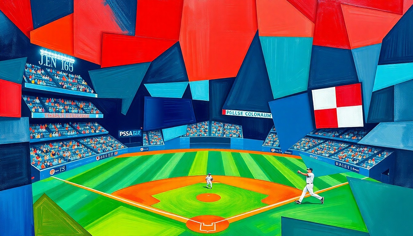 A cubist, geometric painting depicting a fragmented baseball game, with sharp planes of navy blue, teal, silver, red, white, and blue colors representing the Mariners and Dominican Republic national team.