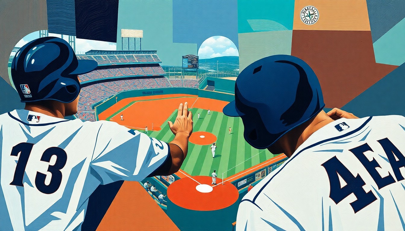 A cubist-style painting depicting a baseball game or match, with the players and field broken down into sharp, overlapping geometric shapes in the Mariners' team colors of navy blue, teal, and white, conceptually representing the team's offensive struggles in the early part of the season.