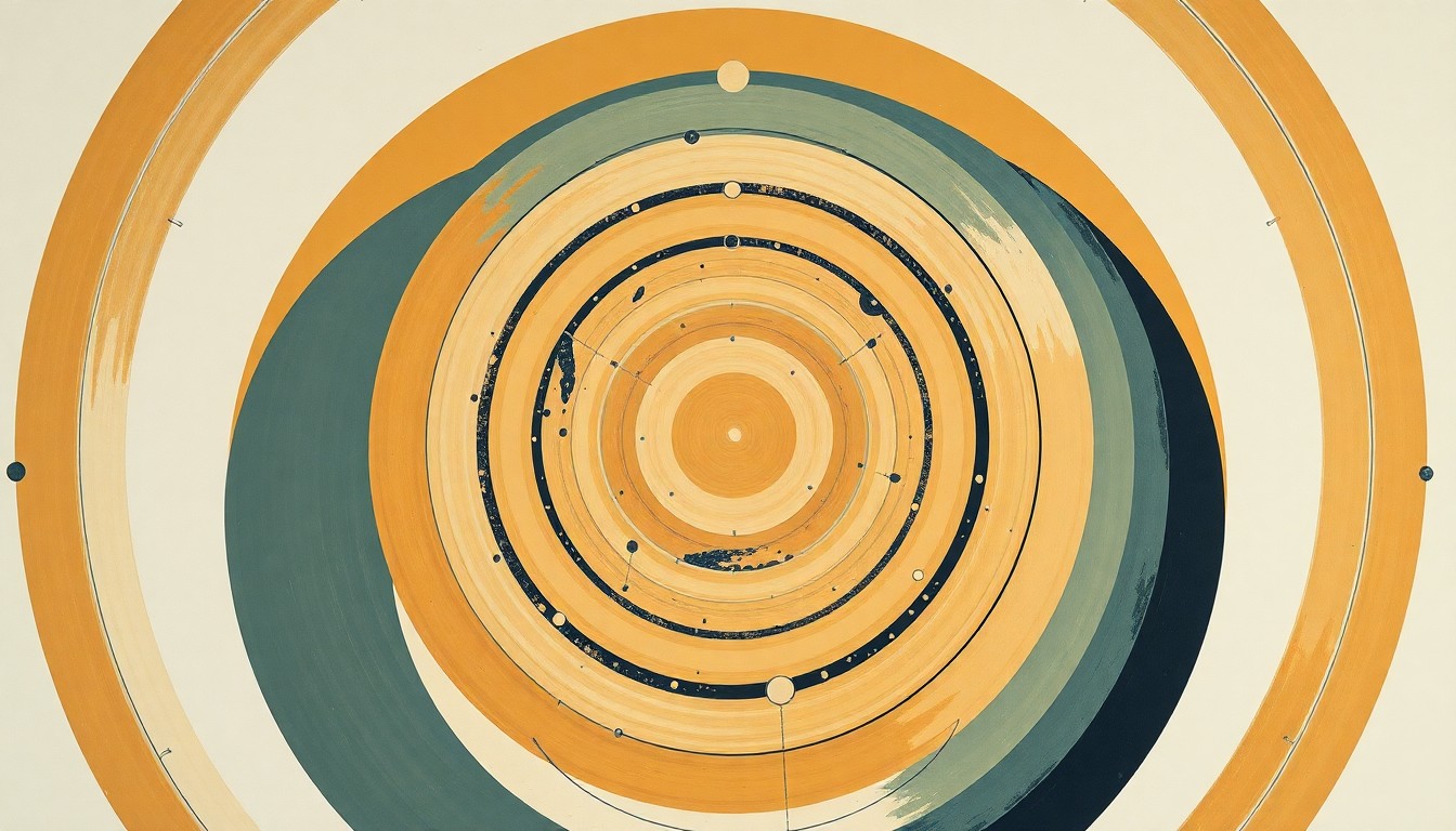 A highly textured abstract painting in earthy tones of ochre, sage, and indigo, featuring sweeping geometric arcs, concentric circles, and precise botanical spirals, conceptually representing the powerful scientific forces behind the Manhattan Project.