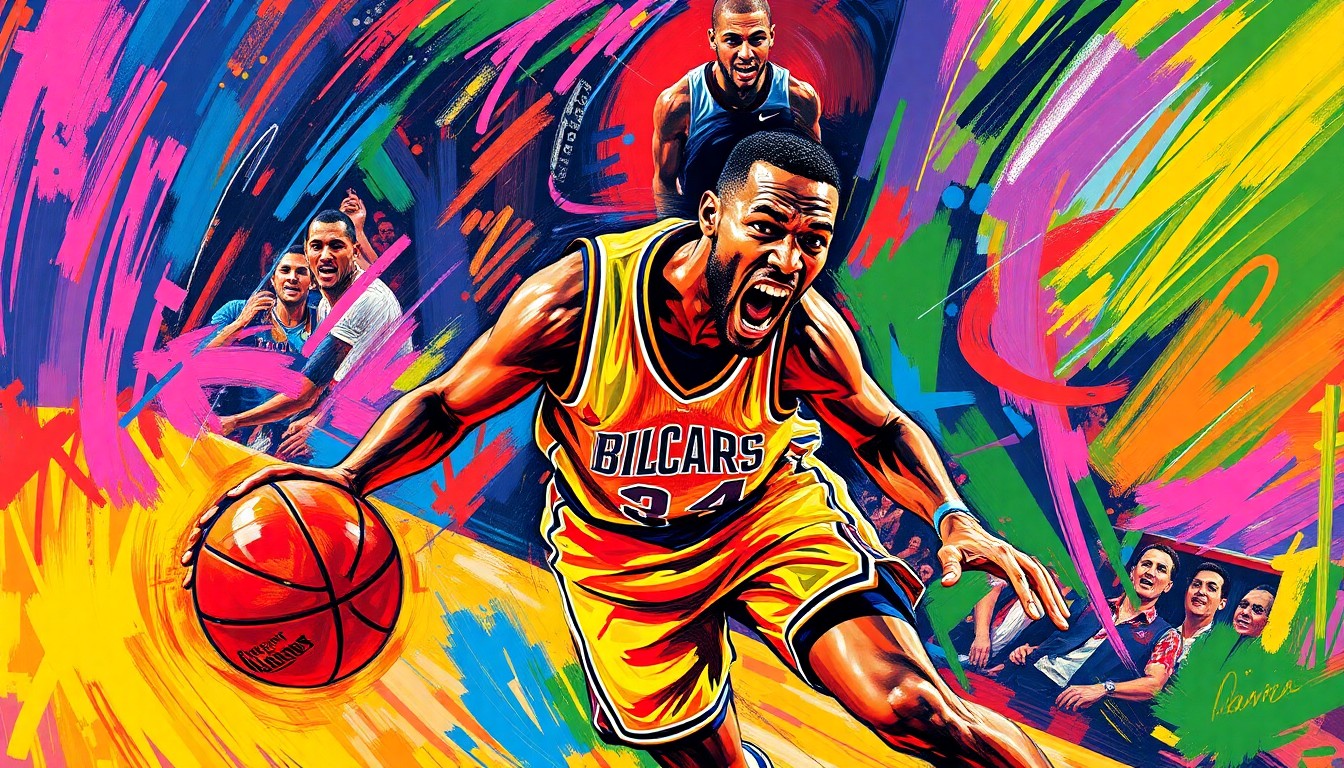 An abstract, energetic painting in vivid neon colors, with rapid brushstrokes conveying the raw emotion and physical intensity of a professional basketball player on the court.