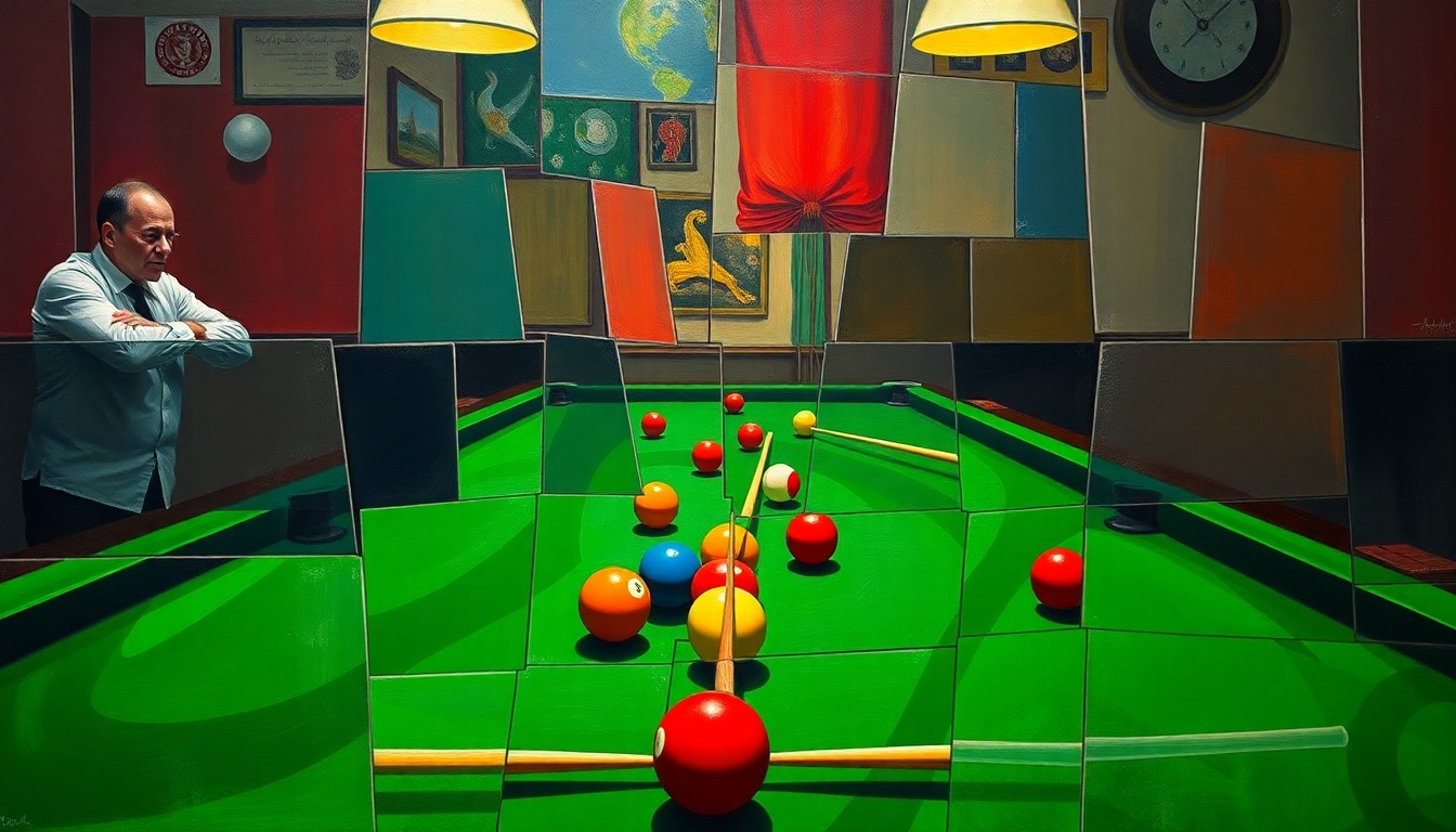 A fragmented, geometric painting depicting the dynamic movements and competing perspectives of a high-stakes snooker match, with sharp planes of green, red, yellow, and blue representing the table, cues, and balls.