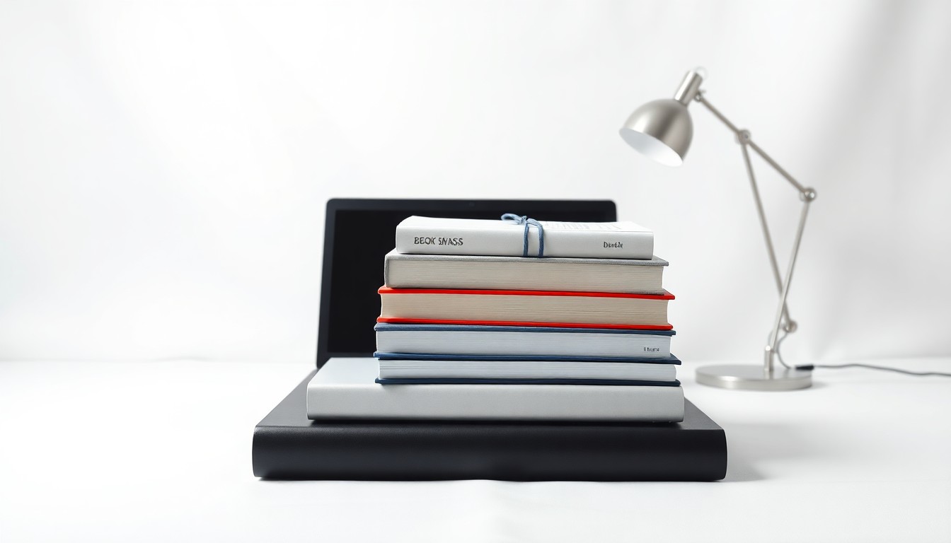 A high-end, photorealistic studio still-life photograph featuring a stack of premium business books, a sleek laptop, and a modern desk lamp arranged elegantly on a clean, white background, conceptually representing the rise of AI-powered search in B2B buying behavior.