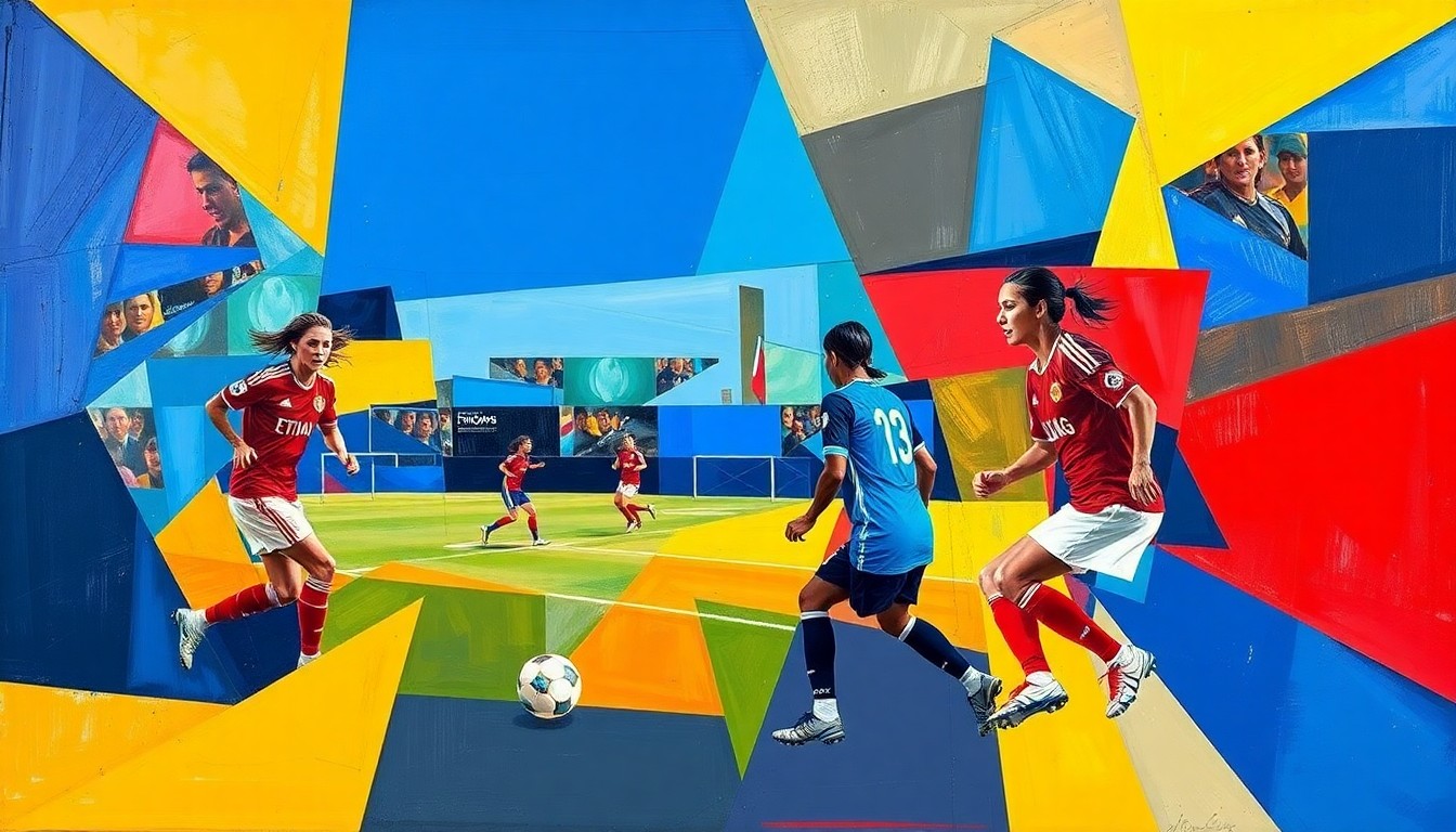 A fragmented, geometric painting in bold colors depicting abstract soccer players and actions, conceptually representing the nuances and speculation around a high-profile player transfer.
