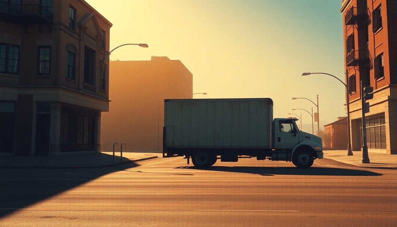 A photorealistic painting of an empty commercial truck parked alone on a dimly lit urban street, with warm sunlight casting deep shadows across the vehicle and the surrounding buildings.