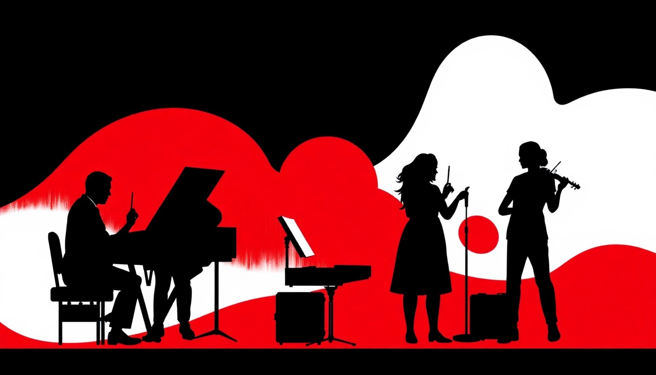 An abstract composition of jagged black silhouettes and bold, high-contrast colors representing the diverse musical styles and collaborative energy of a student composition recital.