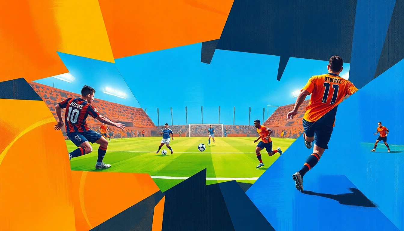 A cubist, geometric painting featuring overlapping planes of blue, orange, and black, representing the dynamic action of a soccer match between two teams.