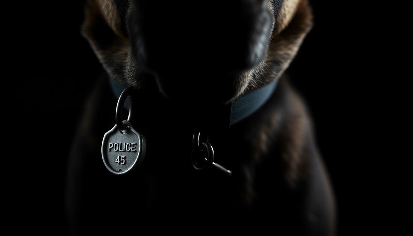 An extreme close-up photograph of a police K-9's collar and tag, the metal tag reflecting a harsh flash of light against a dark background, conveying a sense of gritty investigation and public safety.