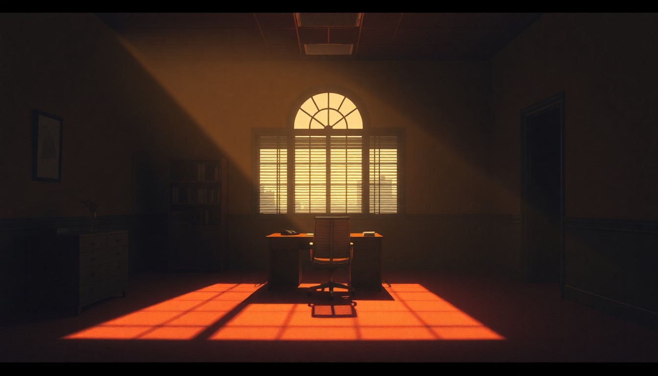 A dimly lit, cinematic government office space with a lone desk and chair, bathed in warm, diagonal sunlight and deep shadows, conveying a sense of solitude and scrutiny.