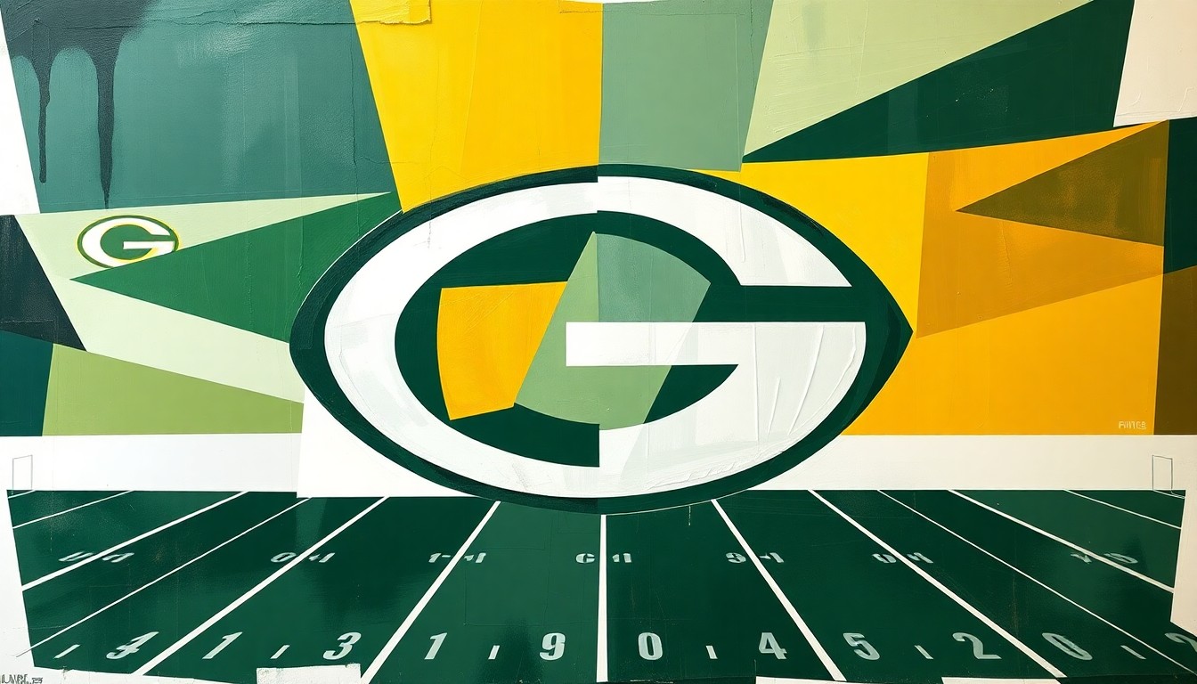 A fractured, multi-perspective painting featuring the Packers' iconic 'G' logo and football field elements broken down into sharp, overlapping geometric planes in the team's official colors, conceptually representing the 50-year legacy of the Packers Hall of Fame.
