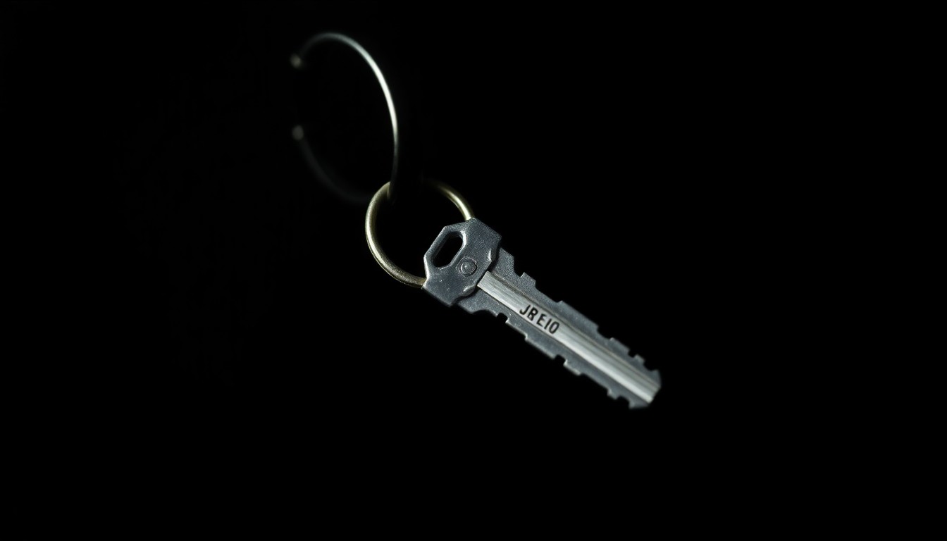 An extreme close-up photograph of a single school janitor's key, lit by a harsh, direct camera flash against a pitch-black background, conveying a stark, gritty, investigative aesthetic.