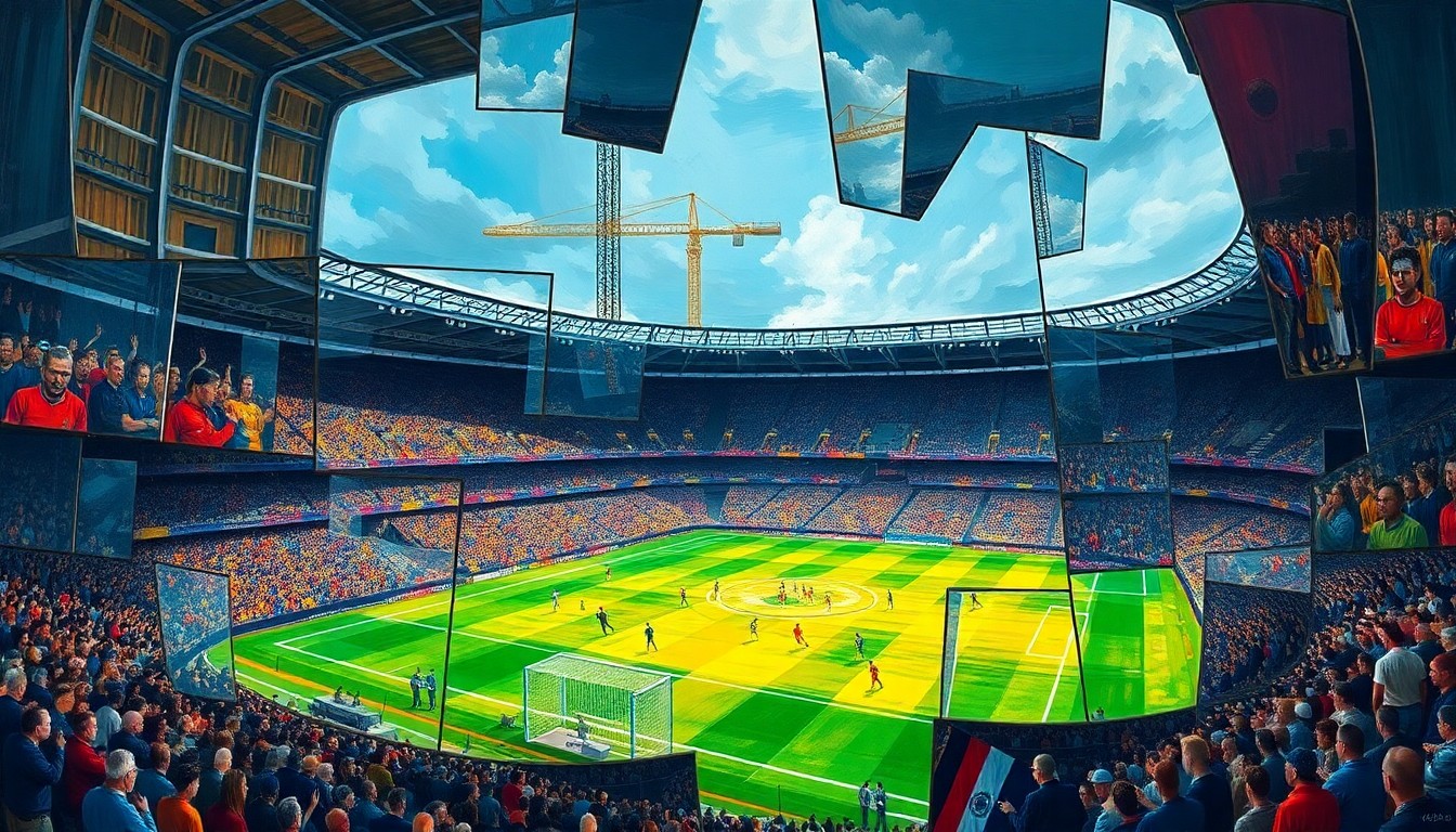 A cubist, geometric painting depicting a fragmented soccer stadium construction scene, with sharp, overlapping planes of color and form representing the challenges facing the project.