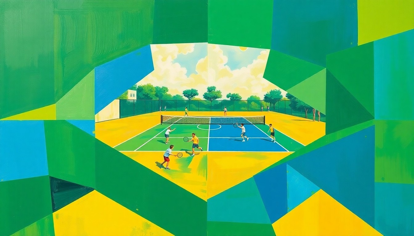 A fragmented, geometric painting depicting a high school tennis match, with sharp planes of green, yellow, and blue representing the court, players, and ball in motion.