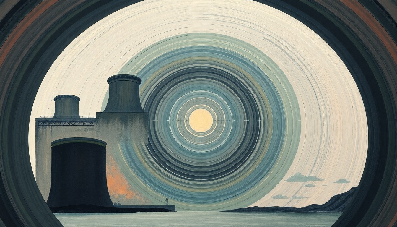 A highly structured abstract painting in soft, flat colors depicting the complex infrastructure and energy flows of a nuclear power plant, conveying the technical precision and structural order of this critical energy facility.