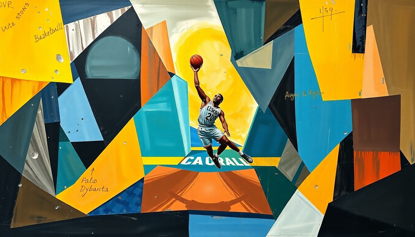 A fragmented, geometric painting depicting a basketball player in motion, with sharp planes of color and overlapping perspectives, conveying the complexity of the decision-making process surrounding AJ Dybantsa's future.