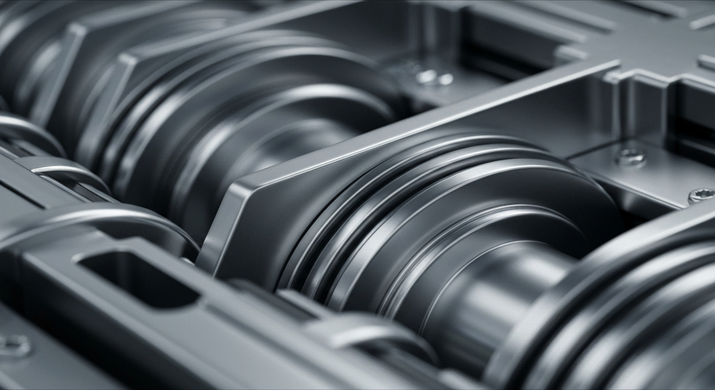 A highly detailed, cinematic close-up of heavy, polished banking machinery and mechanisms in shades of silver, steel, and chrome, conceptually representing the tangible infrastructure of financial security.