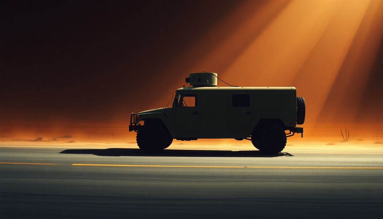 A serene, cinematic painting of a lone military vehicle on a desert road, with warm sunlight casting deep shadows across the scene, conveying a sense of quiet duty and purpose.