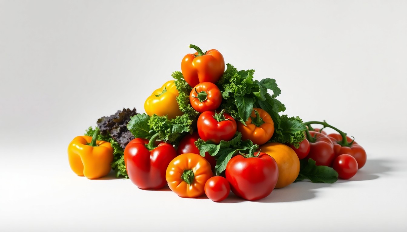 A photorealistic studio still life featuring a stack of freshly harvested produce from Pearl Valley Farms, including vibrant bell peppers, heirloom tomatoes, and leafy greens, arranged elegantly on a clean, white background with dramatic lighting and shadows.