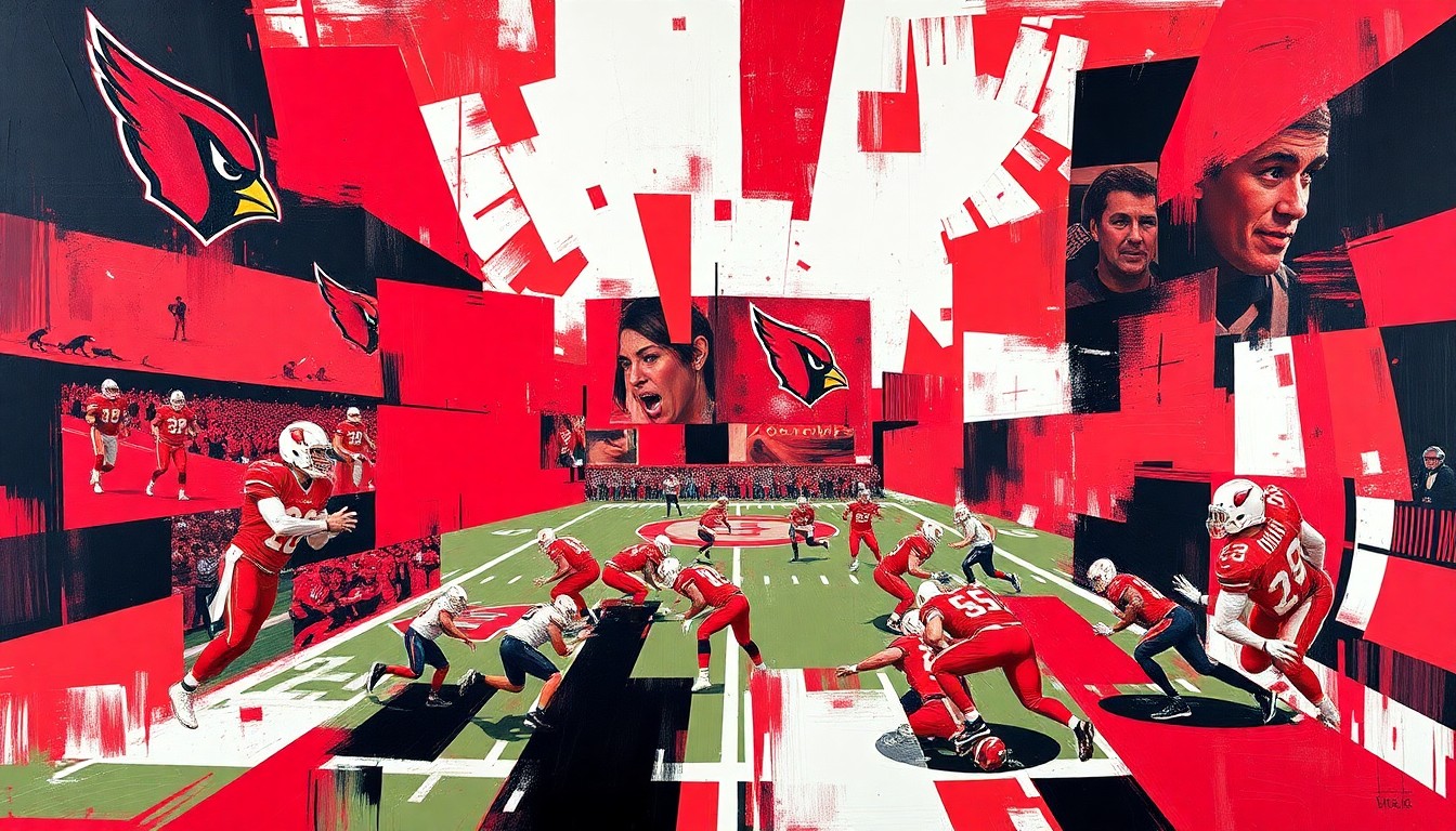A cubist, geometric painting featuring sharp, overlapping planes of cardinal red and black, conceptually representing the Arizona Cardinals' offseason activities and preparations for the upcoming NFL season.