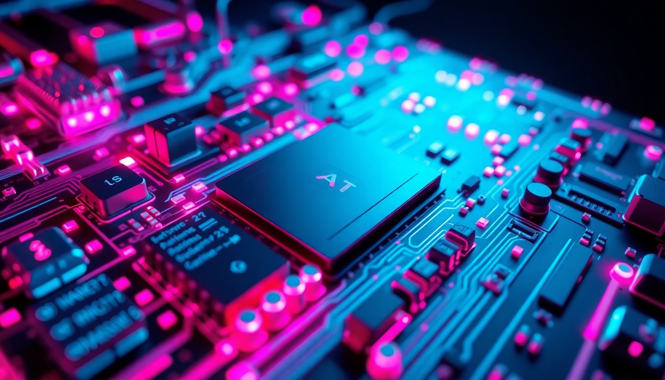 A highly detailed, glowing 3D macro illustration of a complex circuit board with pulsing neon cyan and magenta lights, conceptually representing the advanced AI infrastructure at the center of a dispute between the government and a private technology company.