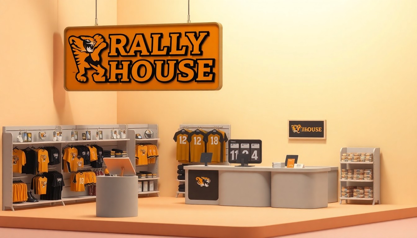 A stylized 3D illustration of a miniature retail store interior with shelves of Missouri Tigers merchandise, a checkout counter, and a large Rally House logo sign, representing the opening of the new Columbia location.