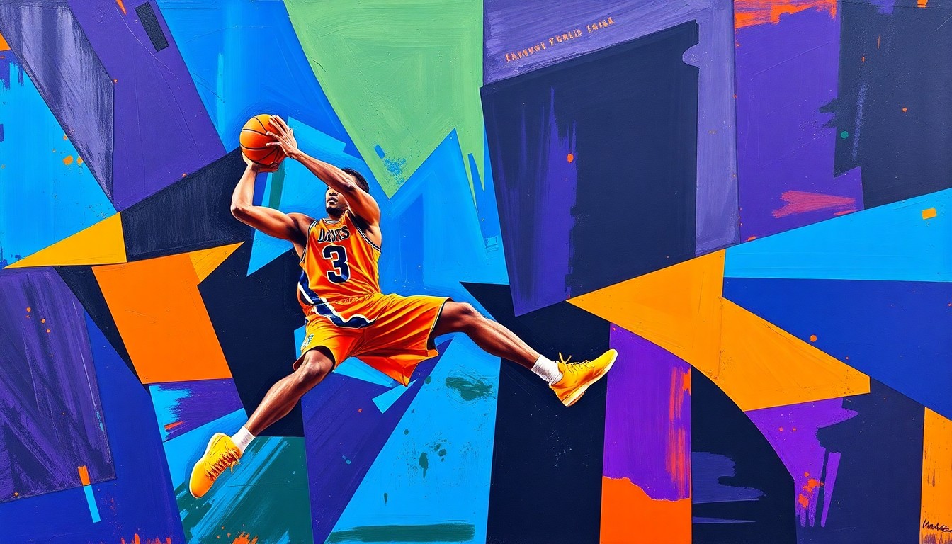 A fragmented, geometric painting depicting a basketball player in motion, with sharp planes of color and overlapping perspectives, conceptually representing the frustration of a star player's season being defined by factors beyond just performance.